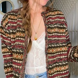 Vintage Bohemian Button Down Sweater Indie Hippie Grandma Vibes Brown Striped